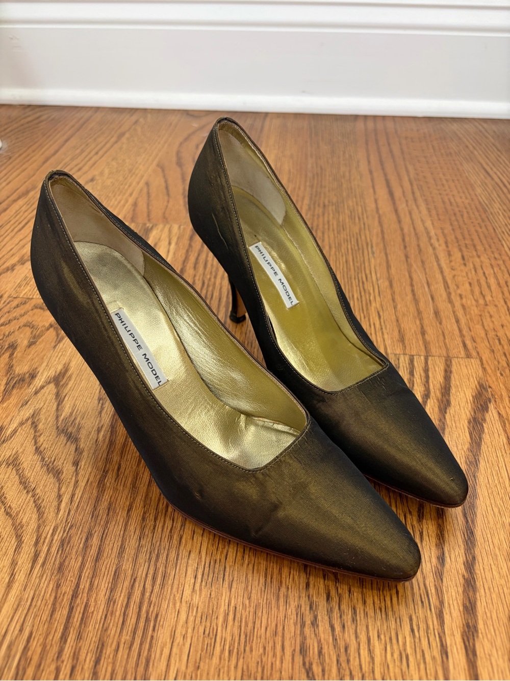 Philippe Model Bronze Satin Pointed Pumps (36)